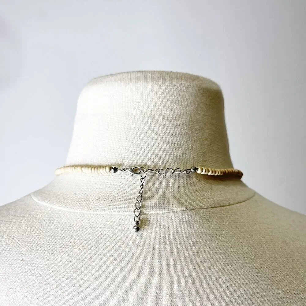 Vintage Avon Jewelry Necklace Mother Of Pearl Tan Wooden Bead Choker 90s Fashion